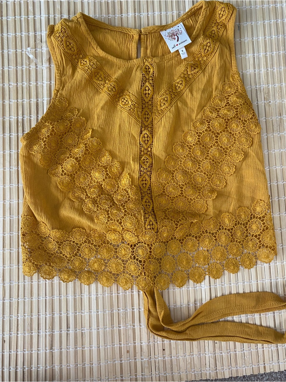 Self Esteem Mustard Lace-Trim Tie-Front Camisole